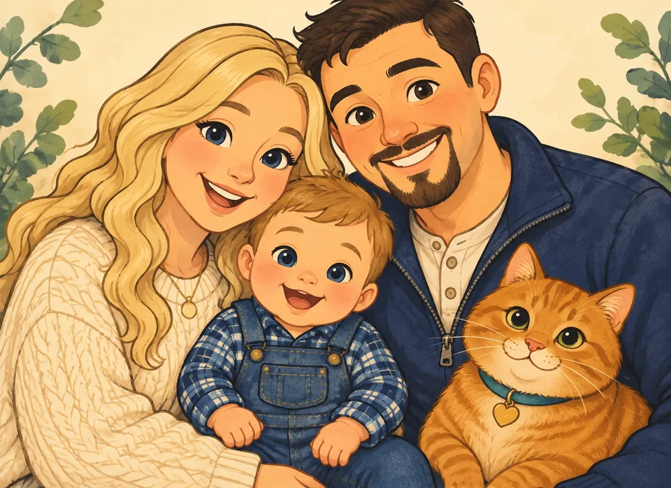 Cartoon version of Cheyenne's family photo — Cheyenne, her husband, and their son, with Humphrey the orange tabby cat
